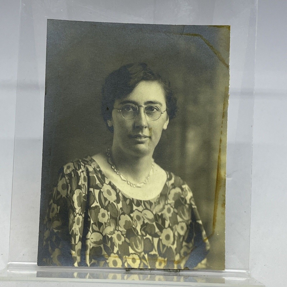 Vintage Photo Stylish Woman in Floral Dress & Glasses Mid-Century Charm 4x3